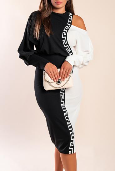 Elegantes Midikleid mit geometrischem Print, schwarz und weiß