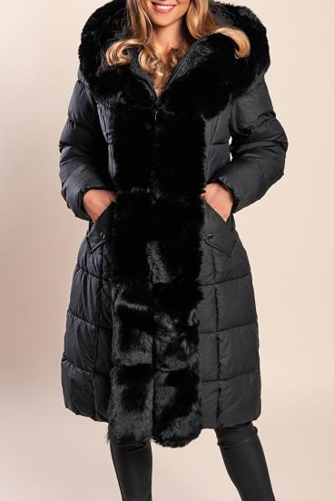 Wattierte Winterjacke mit Kunstfell, schwarz