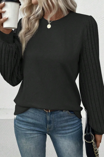 Pullover mit gerippten Ärmeln, schwarz