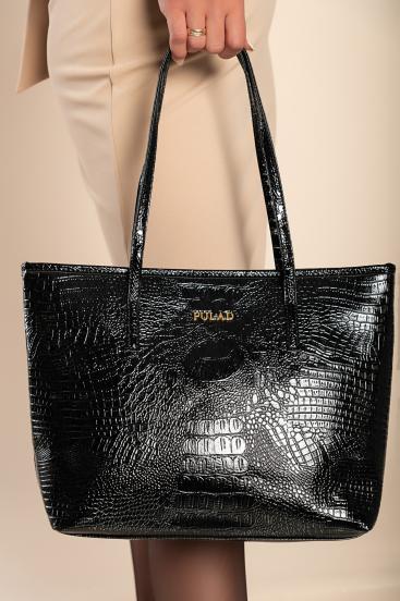 Große Tasche mit Kroko-Muster, schwarz