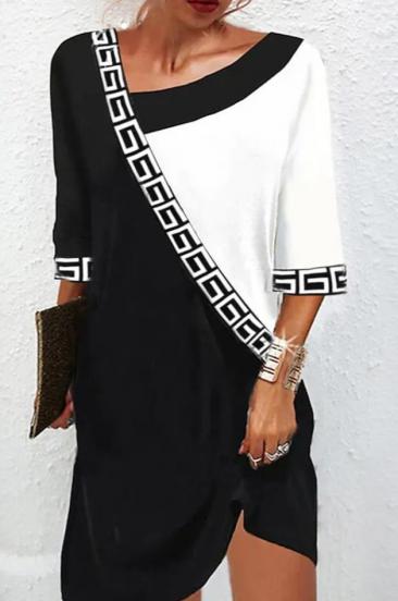 Elegantes Kleid mit geometrischem Druck, schwarz und weiß