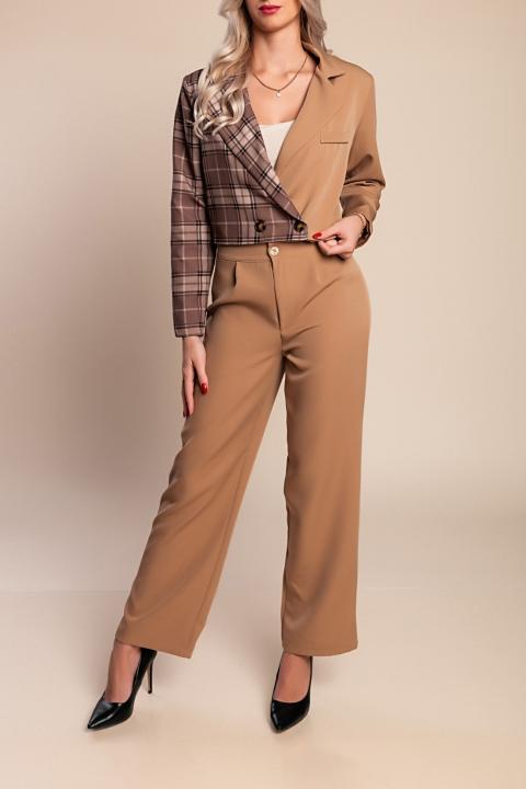 Elegantes Blazer- und Hosen-Set mit Karomuster, Kamel