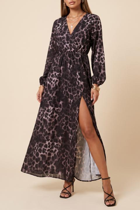 Langes Kleid mit Leopardenmuster, grau