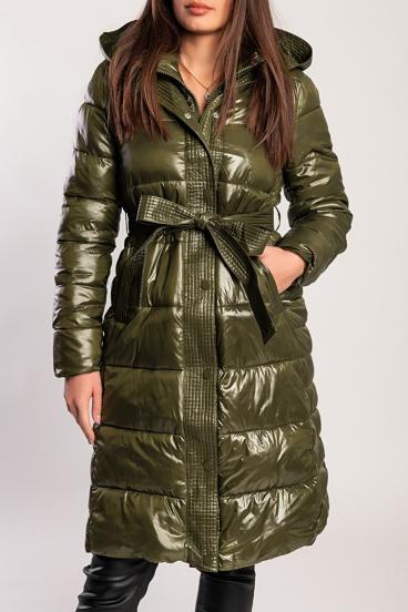 Lange Steppjacke mit Kapuze, Militärgrün