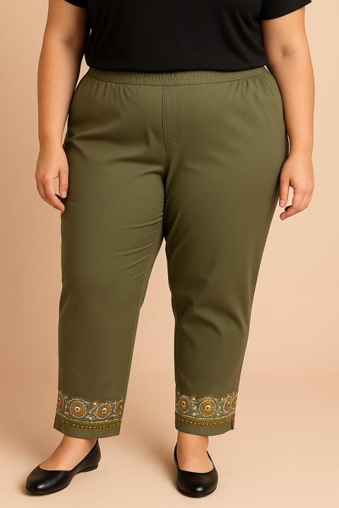 Große Größen Baumwollhose mit Stickerei, Olive
