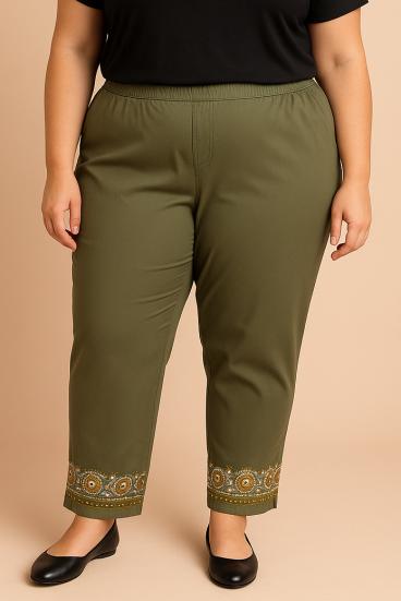 Große Größen Baumwollhose mit Stickerei, Olive