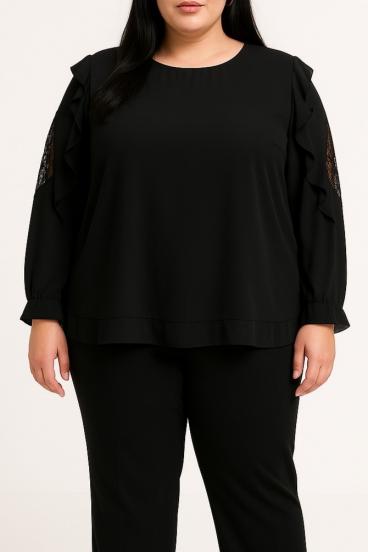 Große Größen Bluse mit Spitze, schwarz