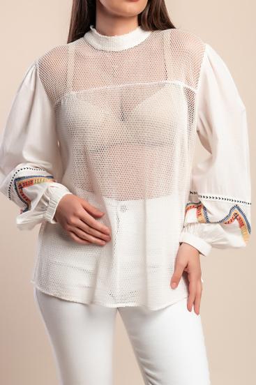 Baumwoll-Mesh-Bluse, weiß