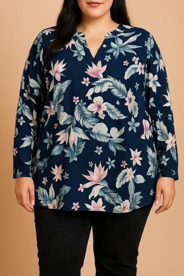 Plus Size Bluse mit Blumenprint, Dunkelblau