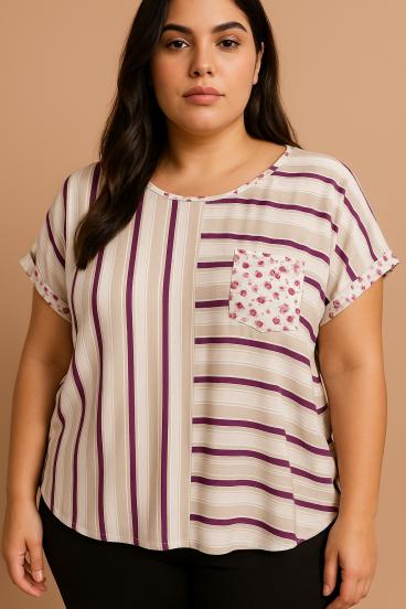 Plus Size Top mit Streifenprint, Beige