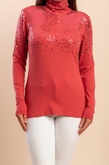 Top mit hohem Kragen und Pailletten, rosa