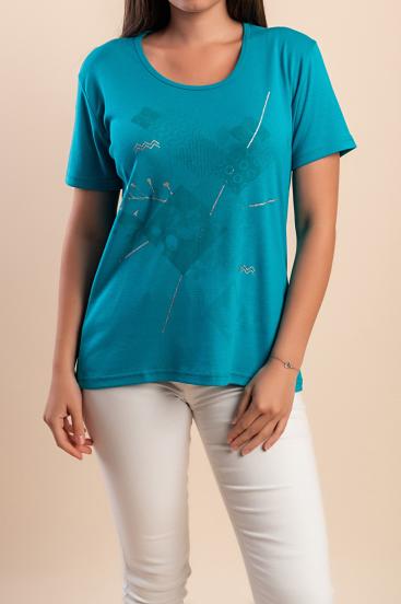 Baumwoll-T-Shirt mit Print, türkis