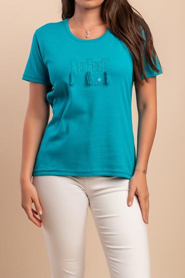Baumwoll-T-Shirt mit Quasten, türkis