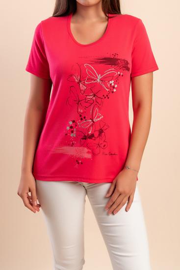 Baumwoll-T-Shirt mit Print, Fuchsie
