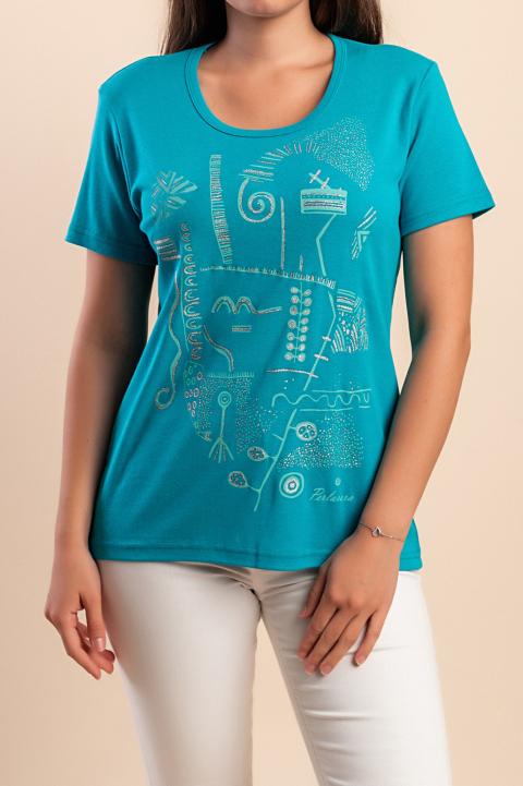 Baumwoll-T-Shirt mit Print, türkis