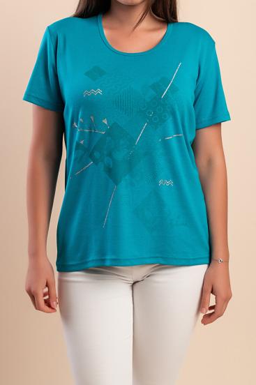 Baumwoll-T-Shirt mit Print, türkis