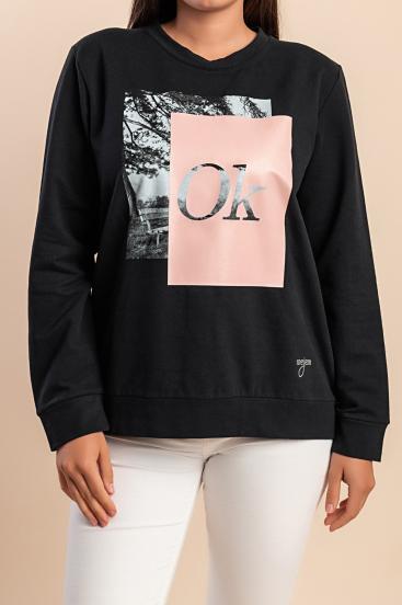 Baumwoll-Hoodie mit Print und Reißverschluss, schwarz