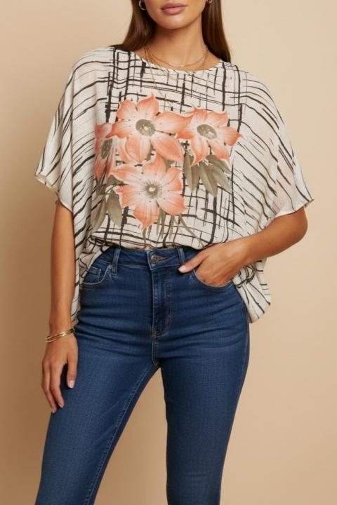 Transparente bedruckte Bluse, Beige