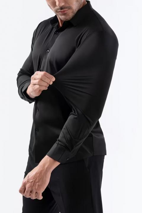 Hoch dehnbares nahtloses Herrenhemd aus knitterfreiem Stoff, Schwarz