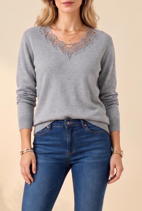 Pullover mit Stickerei, grau