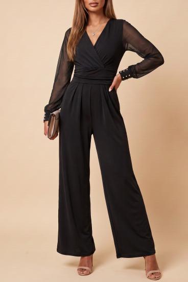 ELEGANTER OVERALL MIT "V" AUSSCHNITT UND DURCHSCHEINENDE ÄRMEL MIT NIETEN GEORGINA, SCHWARZ