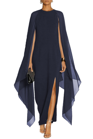 Elegantes langes Kleid mit Engelsflügel-Ärmeln ILEANA, dunkelblau