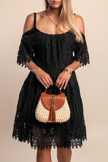 Schulterfreies Sommer-Minikleid mit Spitzendetails, FLORIDA, schwarz